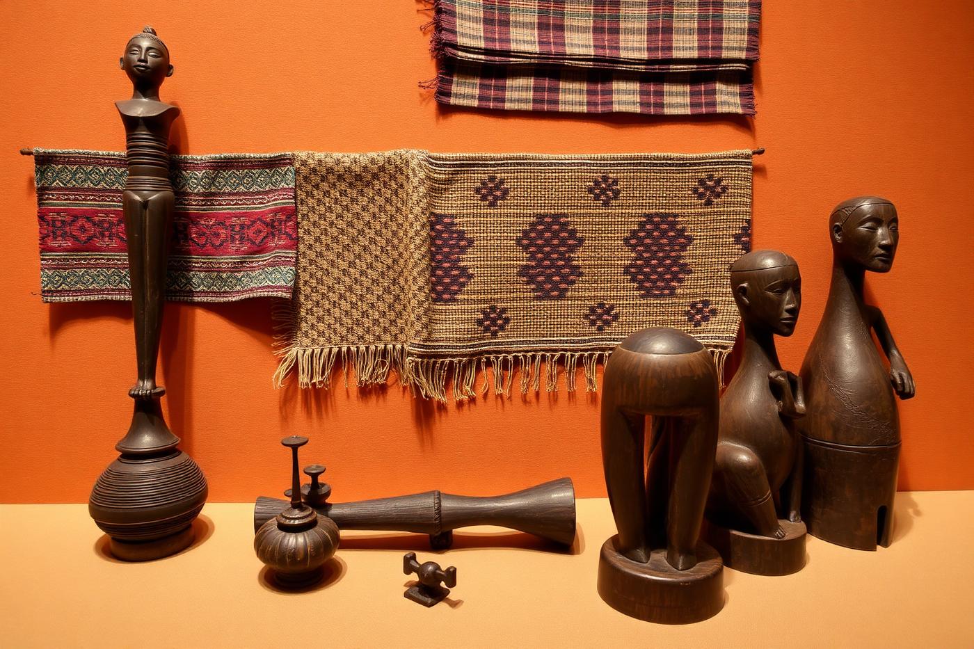 Traditional Bantu woven textiles and carved wooden artifacts on display