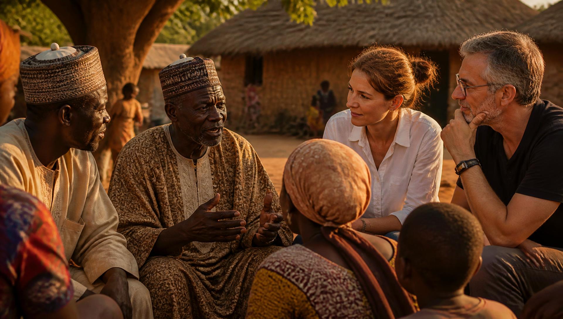 Community elders and European colleagues in conversation at golden hour